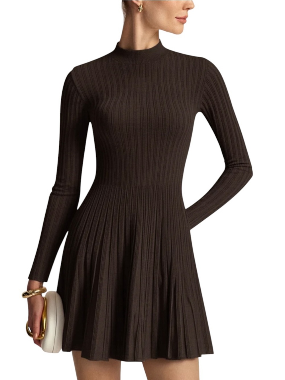 Commense Espresso Brown Mock Neck Flared Sweater Mini Dress Small NWT